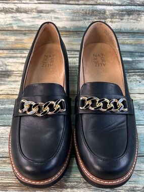 Naturalizer Desi Chain Loafers Womens 9.5W Black Leather Chunky Heel Dress Work